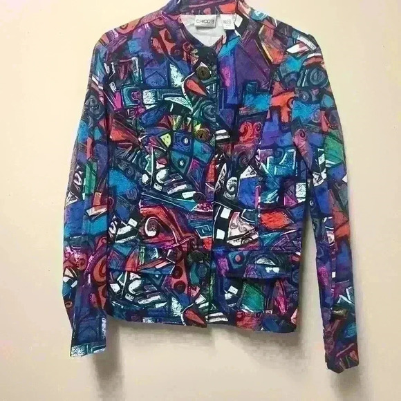 Chico's Women's Colorful Abstract Button Up Lightweight Jacket Multicolor Size M - Picture 2 of 7